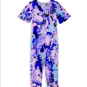 Lilly Pulitzer Short Sleeve Girls Jumpsuit Iris Blue Giraffic Park Small 4-5